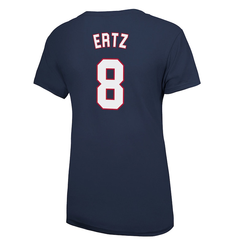 May include: Navy blue t-shirt with white lettering. The number 8 and the name "ERTZ" are printed on the back of the shirt.