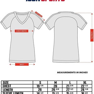 May include: Size chart for a women's t-shirt with measurements in inches for chest, length, sleeve length, and bottom. Sizes include S, M, L, and XL.