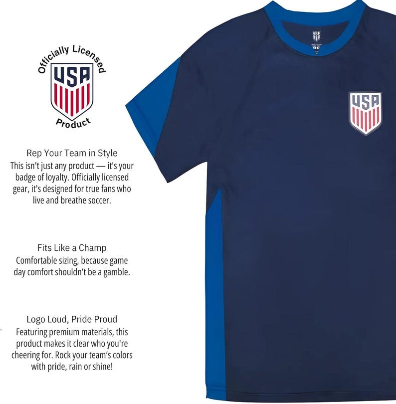 Pu&ograve; includere: Maglia da calcio blu navy con dettagli blu e logo USA. La maglia presenta il testo "Officially Licensed Product" e "Rep Your Team in Style". Una maglia comoda e di alta qualit&agrave; per i tifosi di calcio.
