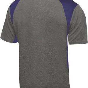 May include: A grey and purple short-sleeved t-shirt with a colour block design. The shirt has a grey body and purple sleeves.