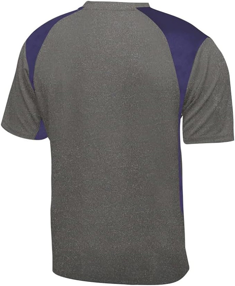 May include: A grey and purple short-sleeved t-shirt with a colour block design. The shirt has a grey body and purple sleeves.