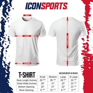 May include: White t-shirts with measurement details. The image shows front and back views of a t-shirt with labeled measurements for body length, chest width, bottom opening, and neck opening in inches. The brand name "ICONSPORTS" is at the top.