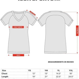 May include: Size chart for a v-neck t-shirt with measurements in inches for chest, length, sleeve length, and waist. Sizes include YS, YM, YL, and YXL.