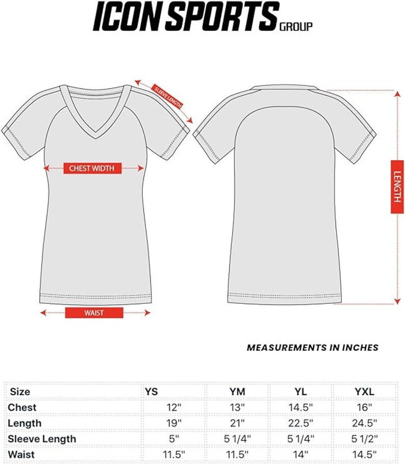 May include: Size chart for a t-shirt with measurements in inches for chest, length, sleeve length, and waist. Sizes include YS, YM, YL, and YXL.