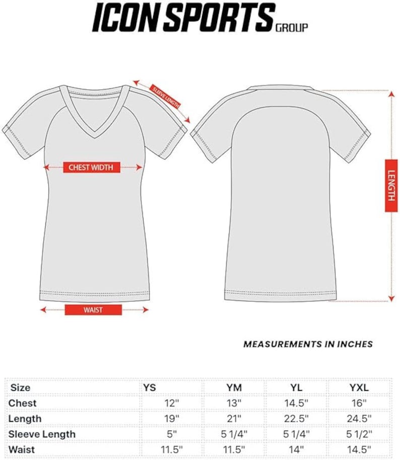 Puede incluir: Tabla de tallas para una camiseta de cuello en V con medidas en pulgadas para el pecho, la longitud, la longitud de la manga y la cintura. Las tallas incluyen YS, YM, YL y YXL.
