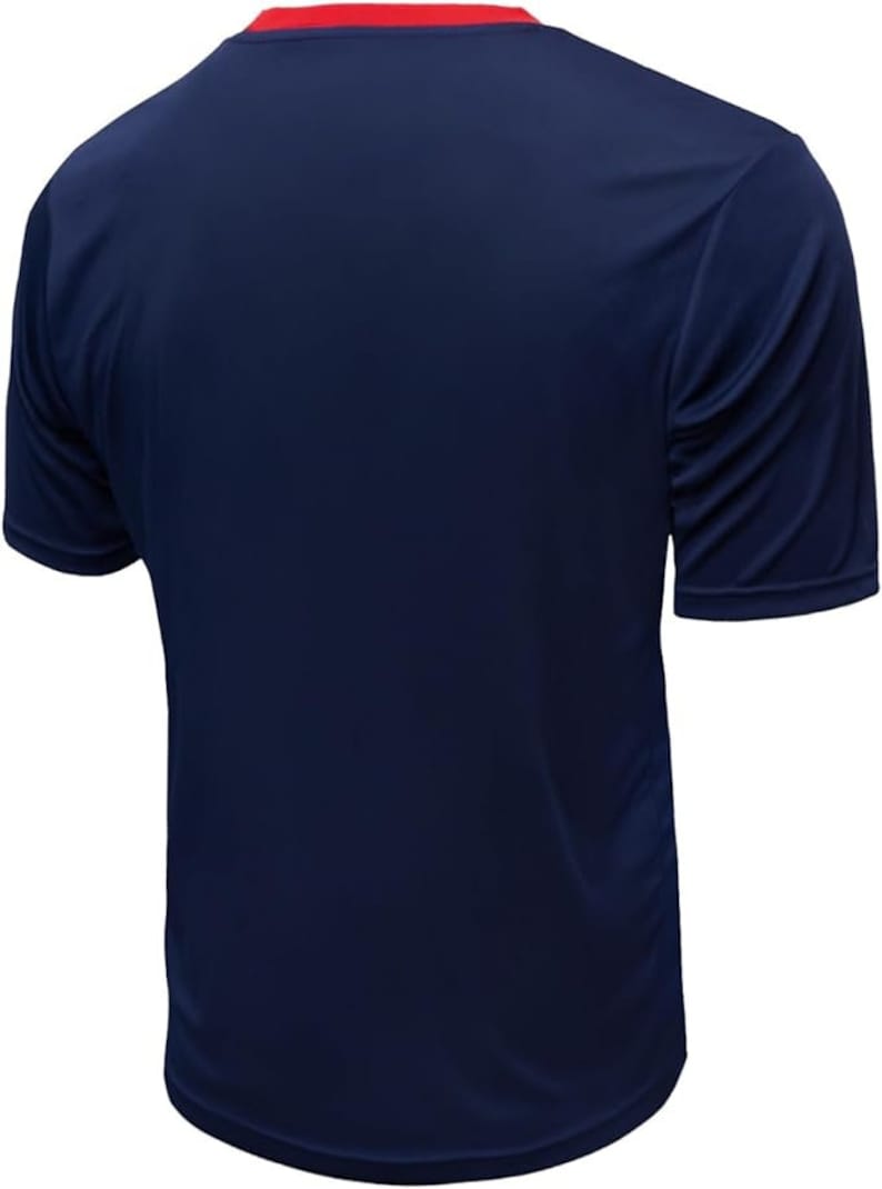 May include: A navy blue short-sleeved t-shirt with a red trim around the neck.