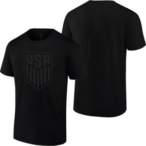 May include: Two black t-shirts. The front shirt features a tonal shield design with the letters "USA" at the top. The shield has vertical stripes. The second shirt is plain black.