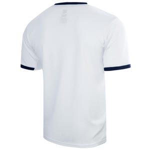 May include: White short-sleeved t-shirt with a navy blue trim around the neck and sleeves.