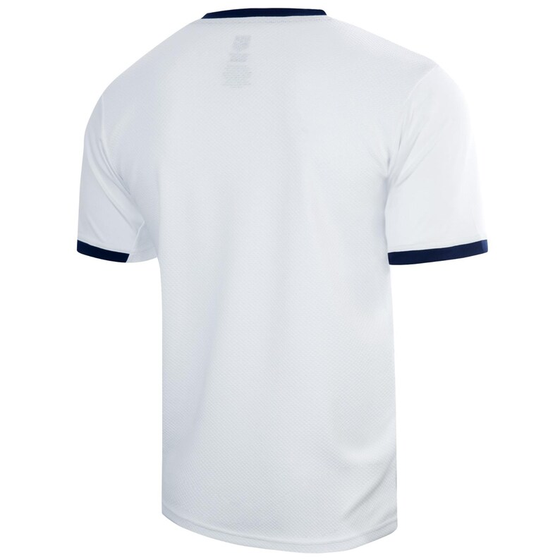 May include: White short-sleeved t-shirt with a navy blue trim around the neck and sleeves.