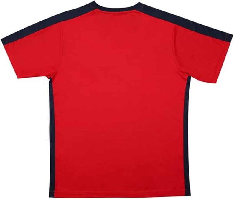 May include: A red short-sleeved t-shirt with navy blue accents on the shoulders and sides. The shirt has a crew neck and is made of a smooth, likely athletic, material. The design is simple and sporty.