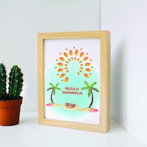Digital Print of Hot, Wall Art Hello Summer, Tshirt / Bag Print, Home Decor, Office Decor, Digital PDF, JPG Download, Sun - Beach - Tree