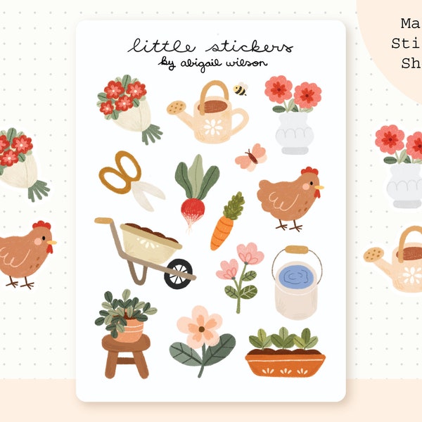 Spring Garden Sticker Sheet | Cottagecore Stickers, Bullet Journal Stickers, Cute Planner Stickers, Scrapbook Stickers, Cute Stationary