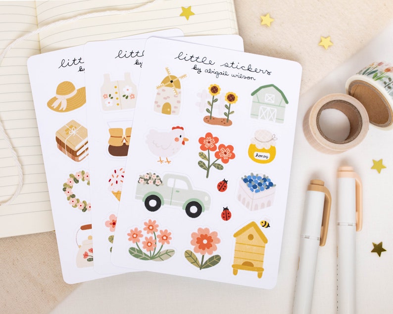 3 Sticker Sheets Set Cute Sticker Pack, Sticker Bundle, Spring Stickers, Bullet Journal Stickers, Planner Stickers, Cottagecore Stickers image 1