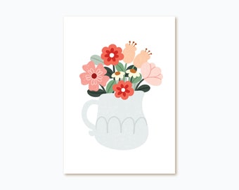 Floral Vase Illustration | Cute Postcards, Illustrated Card, Art Print, Floral Postcard, Cute Wall Decor, Cottagecore Art