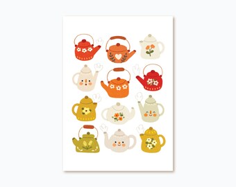 Happy Teapots Illustration | Cute Postcards, Illustrated Card, Art Print, Artist Postcard, Cute Wall Decor, Cottagecore Art