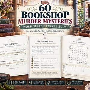 Könnte beinhalten: Ein 60 Bookshop Murder Mysteries Wortsuchrätselbuch mit drei aufgeschlagenen Seiten, die Falldetails, Verdächtigenlisten und ein Gitter zeigen. Der Einbandtext lautet 60 Bookshop Murder Mysteries Word Search Puzzle Book.