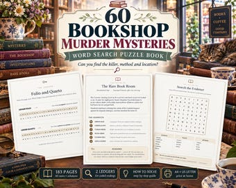May include: A 60 Bookshop Murder Mysteries word search puzzle book featuring three open pages displaying case details, suspect lists, and a grid. The cover text reads 60 Bookshop Murder Mysteries Word Search Puzzle Book. Includes 183 pages.