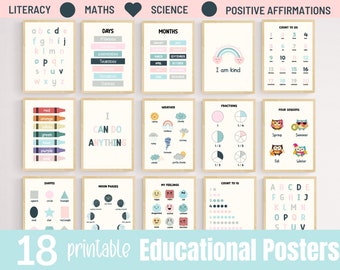 May include: A collection of 18 printable educational posters with a light beige background and wooden frames. The posters cover topics like literacy, math, science, and positive affirmations. Each poster features colorful illustrations and text, including the alphabet, days of the week, and months.