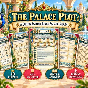 Pode incluir: Um jogo de escape room imprimível intitulado The Palace Plot: A Queen Esther Bible Escape Room, apresentando cinco folhas de quebra-cabeças com temas reais, incluindo The Secret Meeting, Hidden Message, The Royal Proclamation, Who Said It e Palace Path.