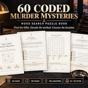 May include: A 183-page word search puzzle book titled 60 Coded Murder Mysteries featuring 60 cases, full solutions, and printable A4 and US letter formats. The pages contain text, word grids, suspect lists, and evidence search activities.