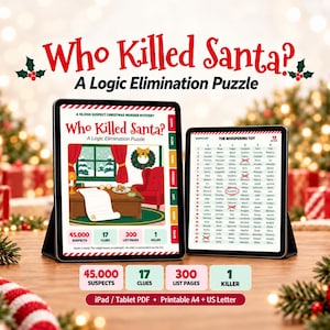 Puede incluir: Dos tabletas que muestran un rompecabezas de eliminación lógica Who Killed Santa?. La pantalla izquierda muestra una ilustración de una habitación navideña, mientras que la derecha muestra una lista de sospechosos. Incluye 45.000 sospechosos.