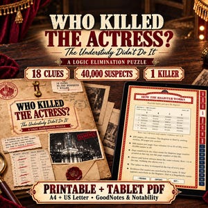 Op de afbeelding: Een logisch eliminatiepuzzelspel getiteld Who Killed The Actress? The Understudy Didn't Do It, met een gedrukte map met 18 aanwijzingen, 40.000 verdachten en 1 moordenaar, naast een tablet met digitale spelinstructies en een vergrootglas.