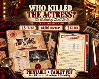 Op de afbeelding: Een logisch eliminatiepuzzelspel getiteld Who Killed The Actress? The Understudy Didn't Do It, met een gedrukte map met 18 aanwijzingen, 40.000 verdachten en 1 moordenaar, naast een tablet met digitale spelinstructies en een vergrootglas.