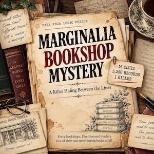 Könnte beinhalten: Ein Logikrätselspiel mit dem Titel Marginalia Bookshop Mystery in Vintage-Optik. Das Cover zeigt den Text 16 Clues, 5,250 Records, 1 Killer und A Killer Hiding Between the Lines, umgeben von alten Büchern, einer Brille und Notizen.