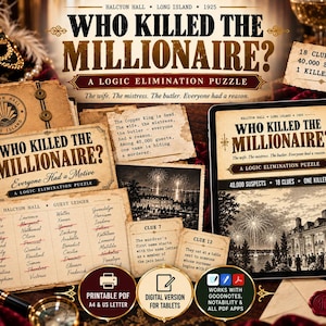 May include: A logic elimination puzzle game titled Who Killed the Millionaire? featuring printed game cards, a guest ledger with crossed-out names, clue cards, and a digital tablet display showing the game interface with fireworks and mansion imagery.