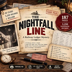 May include: The Nightfall Line A Railway Ledger Mystery game kit featuring a central document with a train illustration, 16 clues, 5,250 records, 187 pages, a passenger record table, a first-class ticket, a pocket watch, and a fountain pen.