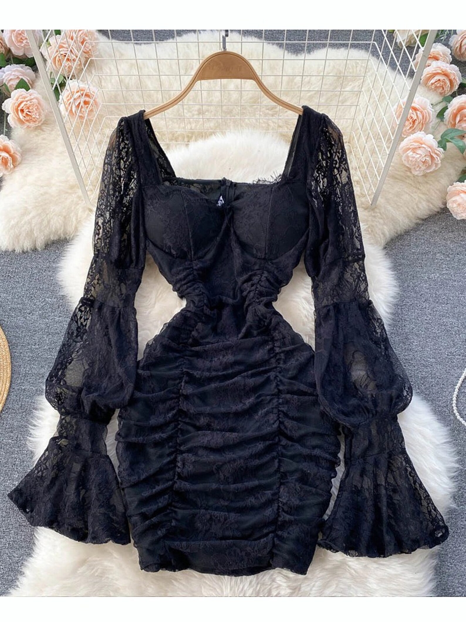 Romantic Women Lace Bodycon Party Dress Elegant Lantern Sleeve Etsy