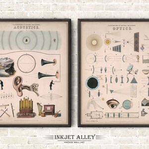 Op de afbeelding: Twee ingelijste vintage prints. De linkerprint, "Akoestiek", toont diagrammen van geluidsgolven, een oor en muziekinstrumenten. De rechterprint, "Optiek", illustreert lichtbreking, lenzen en het menselijk oog. Beide prints hebben een beige achtergrond.