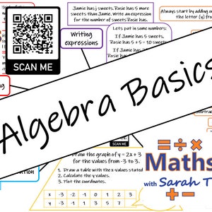 Puede incluir: Un póster educativo colorido con el título "Algebra Basics" y un código QR. El póster presenta un mapa mental con diferentes temas relacionados con el álgebra, incluyendo la simplificación de expresiones, la escritura de expresiones y la resolución de ecuaciones. El póster también incluye una tabla con valores para graficar una ecuación lineal.