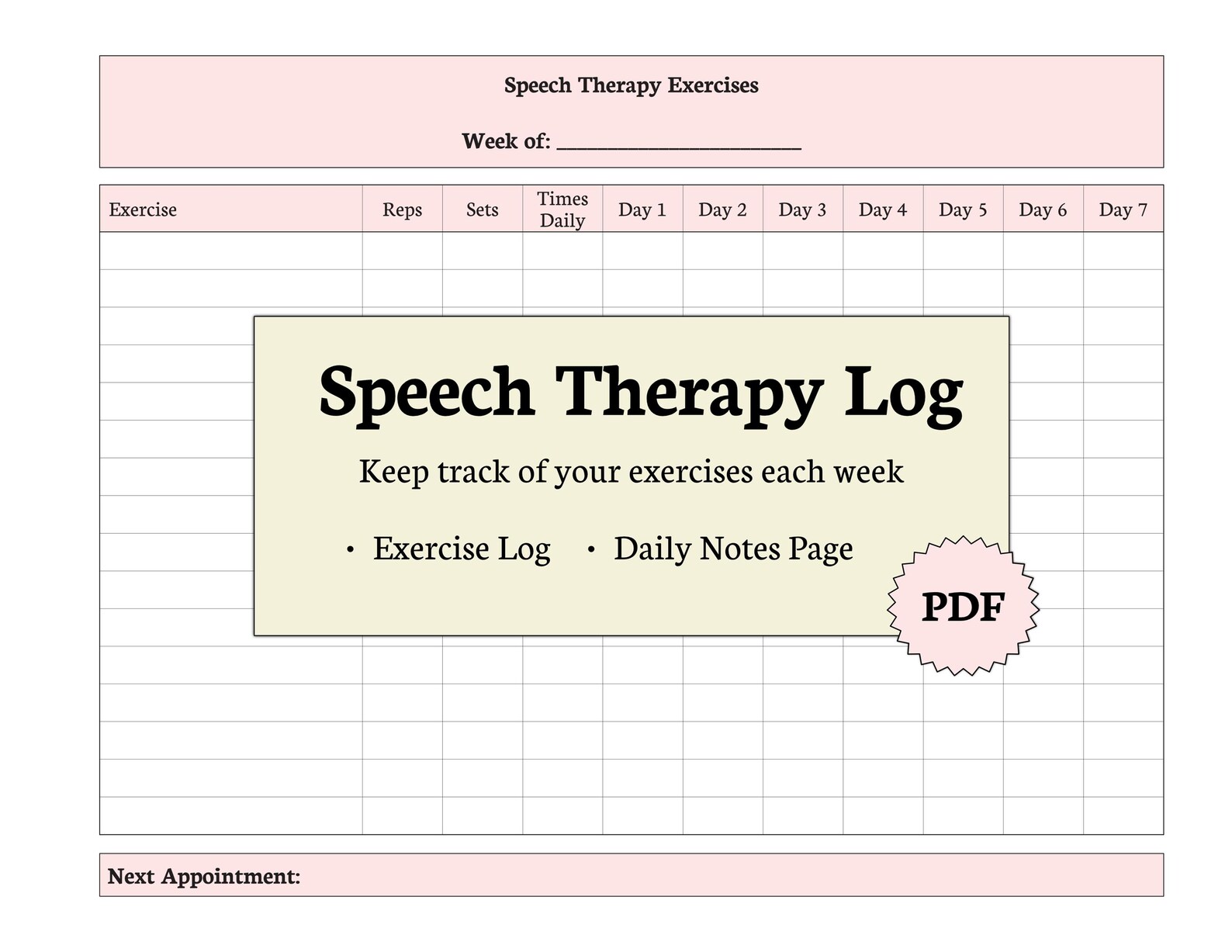 Speech Therapy Exercise Log & Weekly Tracker - PDF Download - Etsy