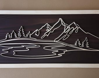 Mountain Lake Wooden Wall Decor: Personalized Doodle Art