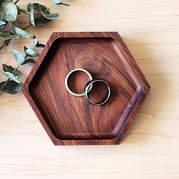 Engraved Hexagon Tray, Engraved Valet Tray, Ring Dish, Jewelry Tray, Catch All Tray, Wedding Favors, Exotic Pau Ferro, Engraved Ring Tray