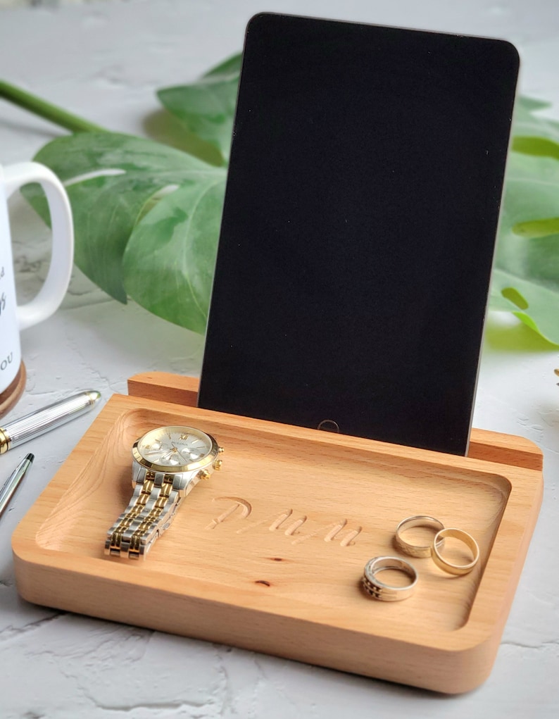 Catch all Tray Personalized Phone/Tablet Holder Groomsmen Gifts Father's Day Gifts Solid European Beech Valet Tray Gifts for Men image 3