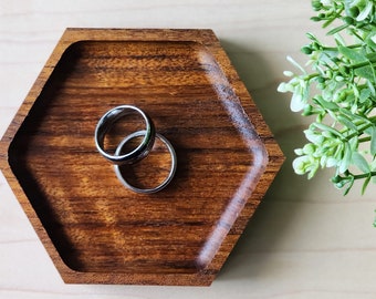 Engagement ring tray, Hexagon Tray, Engraved Valet Tray, Ring Dish, Jewelry Tray, Wedding Favors, Exotic Ovangkol, Engraved Ring Tray