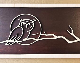 Rustic Owl Line Art - Personalized Wood Wall Decor