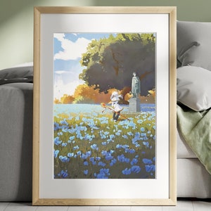 Memorial Field of Blue | Pôster de anime em aquarela texturizada Frieren e Himmel