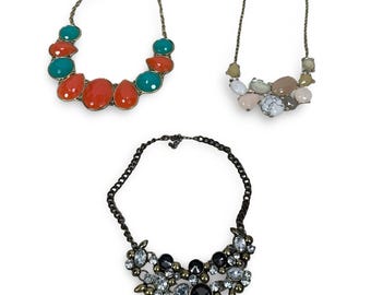 Women Statement Bib Necklace Lot 3 Teal Orange Pastel Marble Crystal Chunky Gray