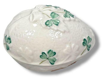 Vintage Belleek Irish Egg Trinket Dish 3" White Green Shamrock Ireland READ