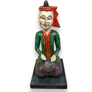 Vintage Asian Thai Hand Carved Wooden Carving Drummer Carving Musician Statue