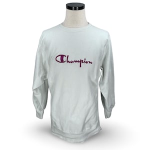 Champion Reverse Weave Sweatshirt Mens XXL White Fuscia Script Spellout USA 90s
