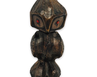 Vintage Norman Campbell Owl Carving Wooden Wood Red Following Eyes 1990 Brown