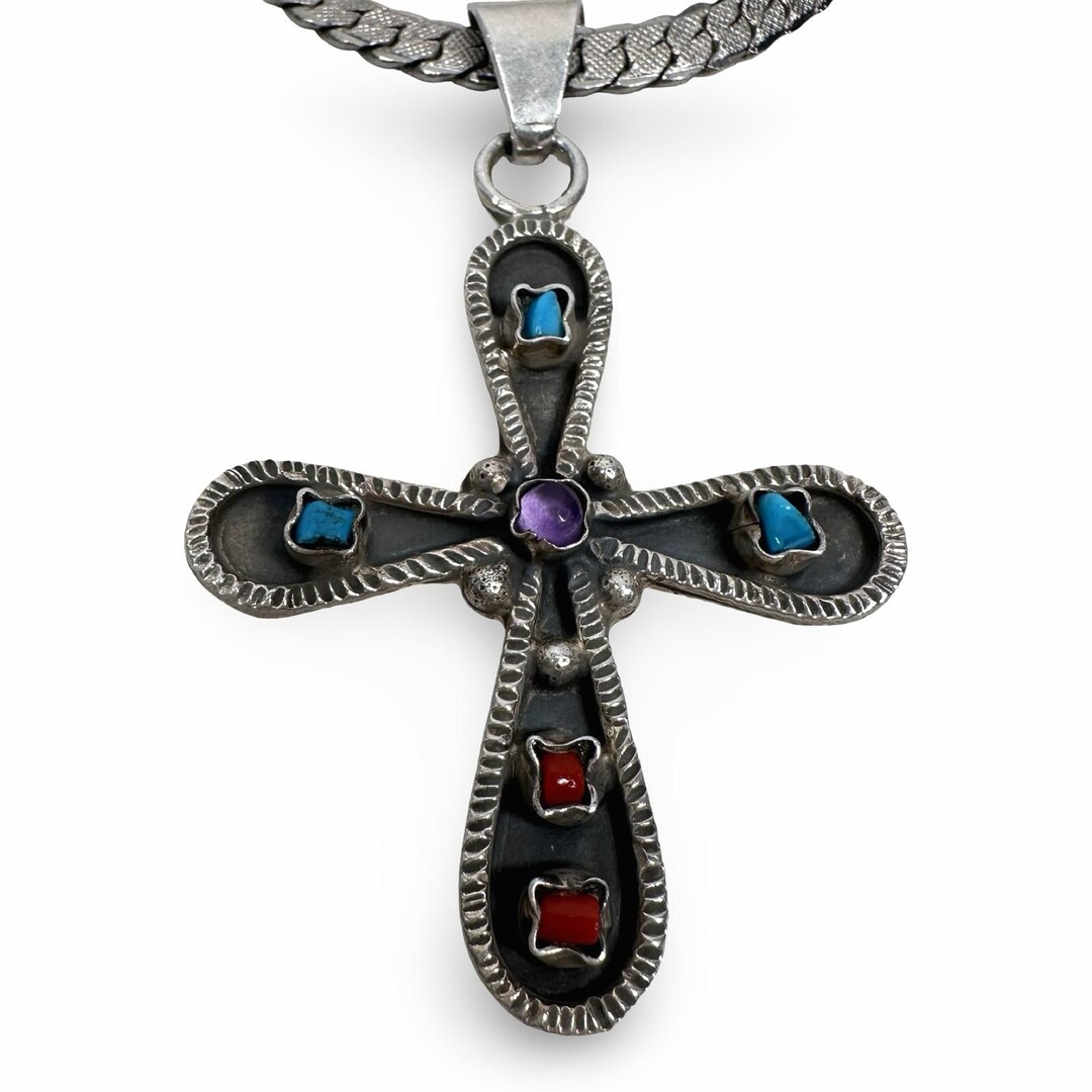 Taxco Mexico 925 Sterling Silver Turquoise Coral Amethyst Cross Pendant ...