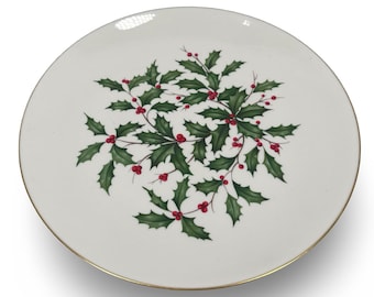 Vintage Lenox Holly Berry Serving Platter 13" White Gold Trim Round Christmas