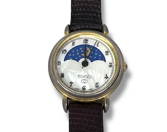 Vintage Gucci Moonphase Ladies Watch Gold Tone Quartz MOP Script Dial Leather