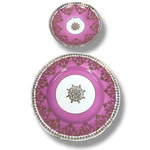 Vintage Shelley Cake Plate & Saucer Pink Gold Fine Bone China Round Lot of 2