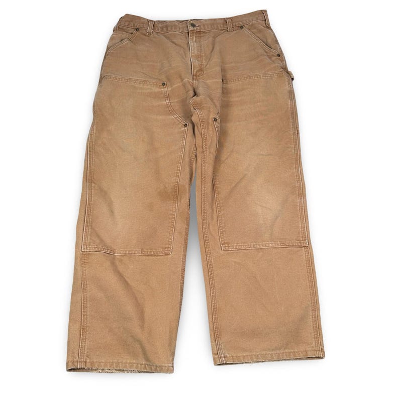 Carhartt B136 Double Knee Work Pants Brown Canvas Dungaree Mens 40x30 Distressed image 1